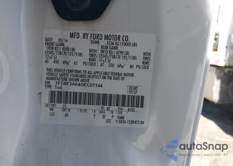 2016 Ford F-350 Xl из США, поврежденный, VIN 1FTBF3A64GEC07144